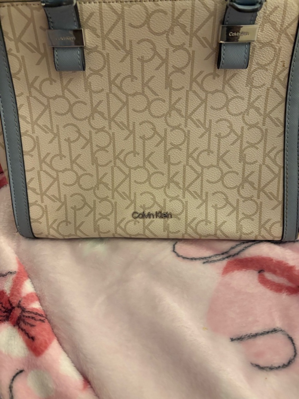 Calvin Klein Beige Monogram Tote with Light Blue Trim